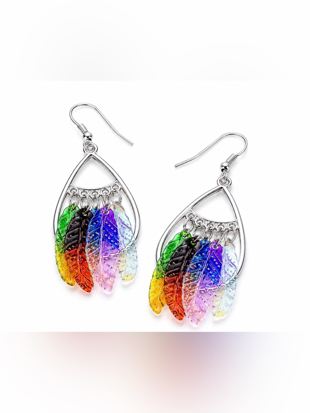 Colorful Iridescent Feather Dangle Earrings Sterling Silver Rainbow Boho
